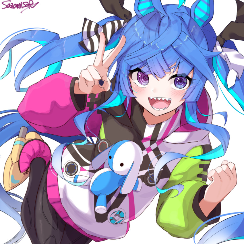 1girl @_@ ahoge animal_ears ankle_boots aqua_hair artist_name black_bodysuit black_nails black_ribbon blue_eyes blue_hair blush bodysuit boots clenched_hand coat commentary crossed_bangs hair_ribbon heterochromia hood hood_down hooded_coat hoodie horse_ears horse_girl horse_tail leg_up long_hair long_sleeves looking_at_viewer multicolored_coat multicolored_hair open_mouth purple_eyes ribbon sazamiso_rx sharp_teeth signature simple_background smile solo standing standing_on_one_leg stuffed_animal stuffed_rabbit stuffed_toy tail teeth twin_turbo_(umamusume) twintails two-tone_hair umamusume v very_long_hair white_background yellow_boots