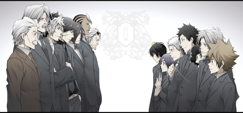 1girl 6+boys beard black_hair bouche_croquant bow bowtie brow_nie_jr brown_hair chrome_dokuro coyote_nougat eyepatch facial_hair formal_clothes ganauche_iii gokudera_hayato group_picture group_profile hibari_kyouya hibird katekyo_hitman_reborn! lambo lineup multiple_boys mustache necktie profile sasagawa_ryohei sawada_tsunayoshi scar schnitten_brabanters suit sunglasses timoteo traditional_bowtie white_hair yamamoto_takeshi yun_(neo)