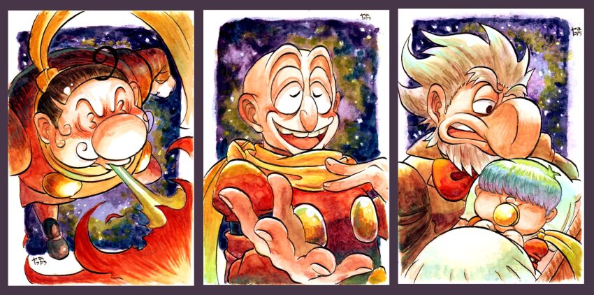 4boys baby bald beard big_nose black_eyes black_footwear black_hair blanket blue_hair blunt_bangs blush boots bow bowtie breath_weapon breathing_fire brown_shirt brown_vest buttons chang_changku child clenched_hand closed_eyes collared_vest commentary_request cradle cyborg cyborg_009 facial_hair fingernails fire frown great_britain_(cyborg_009) hair_over_eyes half-closed_eyes hand_on_own_chest highres isaac_gilmore ivan_whisky jacket long_sleeves looking_at_another looking_down medium_hair multiple_boys mustache offering_hand old old_man open_mouth outstretched_hand pacifier painting_(medium) pants pillow reaching reaching_towards_viewer red_bow red_bowtie red_jacket red_pants scarf shirt short_hair signature sleeve_garter smile space star_(sky) teeth thick_eyebrows traditional_media upper_body upper_teeth_only very_short_hair vest watercolor_(medium) white_hair yamato_koara yellow_scarf