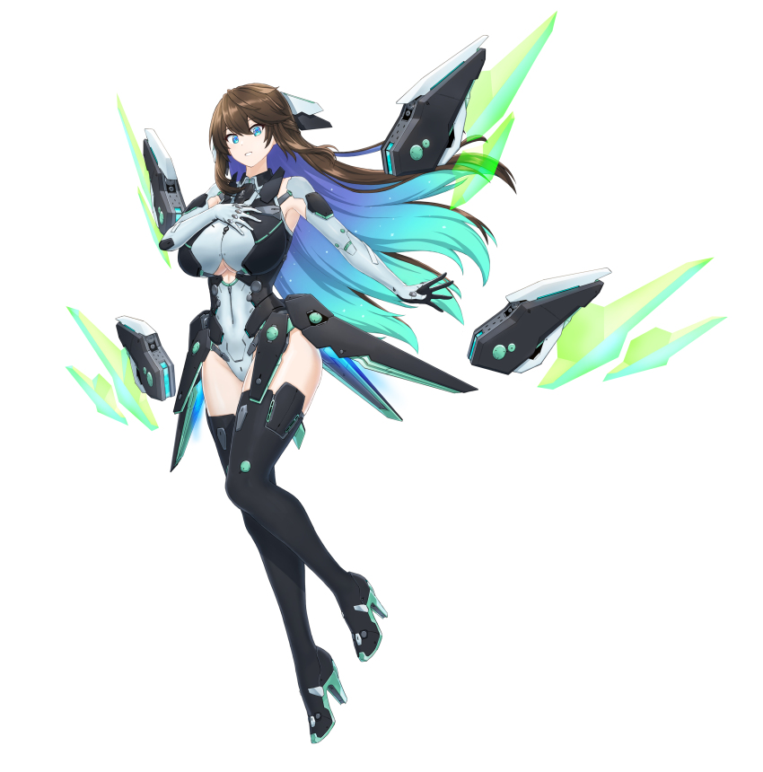1girl absurdres aqua_hair blue_eyes blue_hair boots breasts brown_hair clothing_cutout colored_inner_hair counter:side elbow_gloves full_body gloves hand_on_own_chest high_heel_boots high_heels highres large_breasts leotard long_hair looking_at_viewer maxilax mecha_musume mechanical_wings multicolored_hair parted_lips shin_jia solo tachi-e thigh_boots thighhighs transparent_background two-tone_hair underboob_cutout wings