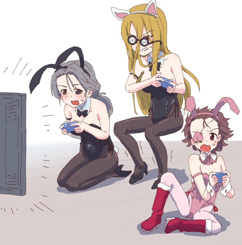 3girls animal_ears black_bow black_bowtie black_leotard black_pantyhose blonde_hair blush bow bowtie breasts brown_eyes brown_hair cat_ears eyepatch fake_animal_ears fake_tail freckles girls_und_panzer glasses grey_eyes grey_hair high_heels highres large_breasts leotard long_hair momogaa_(girls_und_panzer) monolith_(suibou_souko) multiple_girls nekonyaa_(girls_und_panzer) opaque_glasses open_mouth pantyhose pink_leotard pink_pantyhose piyotan_(girls_und_panzer) playboy_bunny playing_games ponytail rabbit_ears rabbit_tail short_hair small_breasts sweat tail video_game