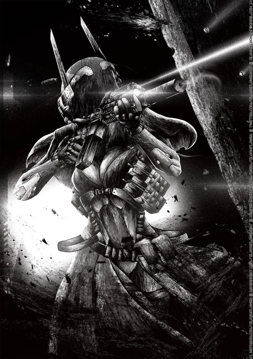 1girl aiming ammunition_pouch assault_rifle belt breasts bullet_hole casing_ejection cleavage coat commentary cyberpunk cyborg debris deviantart_username email_address english_commentary fake_horns firefight flashlight floating_clothes gloomflower greyscale gun hatching hatching_(texture) hentai-foundry_username highres holding holding_gun holding_weapon horned_headwear horns laser_sight linear_hatching lineart long_coat magazine_(weapon) mechanical_arms medium_breasts monochrome multiple_belts open_clothes open_coat original patreon_username pouch rifle science_fiction shell_casing signature smoke smoking_barrel solo standing suppressor twitter_username under_fire veil walking weapon weapon_request