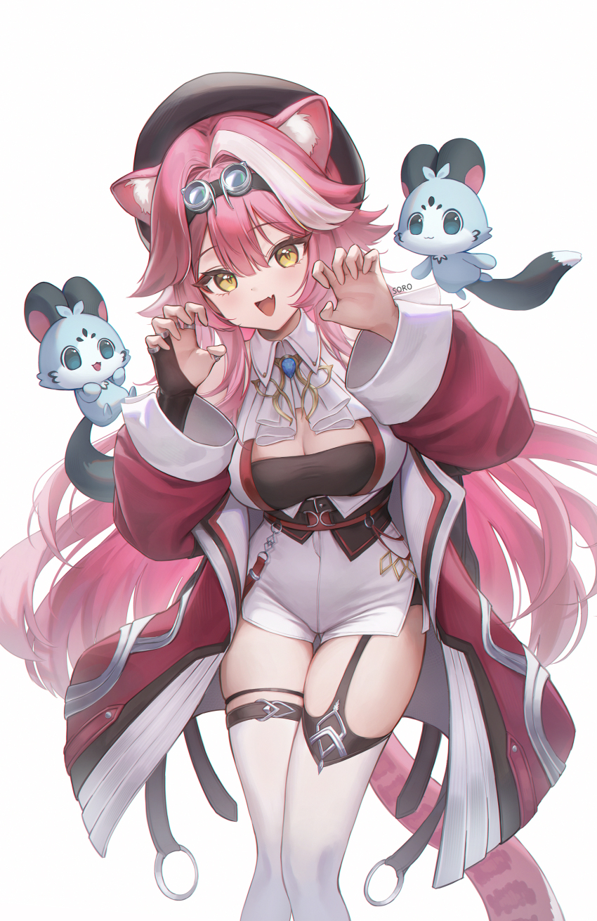 1girl :d absurdres animal_ear_fluff animal_ears ascot beret black_corset black_gloves black_hat black_tube_top breasts center-flap_bangs chattino_(raora_panthera) claw_pose cleavage commentary corset fang garter_straps gloves hair_between_eyes hands_up hat high-waist_shorts highres hololive hololive_english jacket large_breasts long_hair looking_at_viewer multicolored_hair open_mouth panther_ears panther_girl panther_tail partially_fingerless_gloves pink_hair pink_jacket raora_panthera raora_panthera_(1st_costume) shorts simple_background single_garter_strap single_glove skin_fang smile solo strapless streaked_hair sweetsoro symbol-only_commentary tail thigh_strap thighhighs tube_top vest virtual_youtuber white_ascot white_background white_hair white_shorts white_thighhighs white_vest yellow_eyes