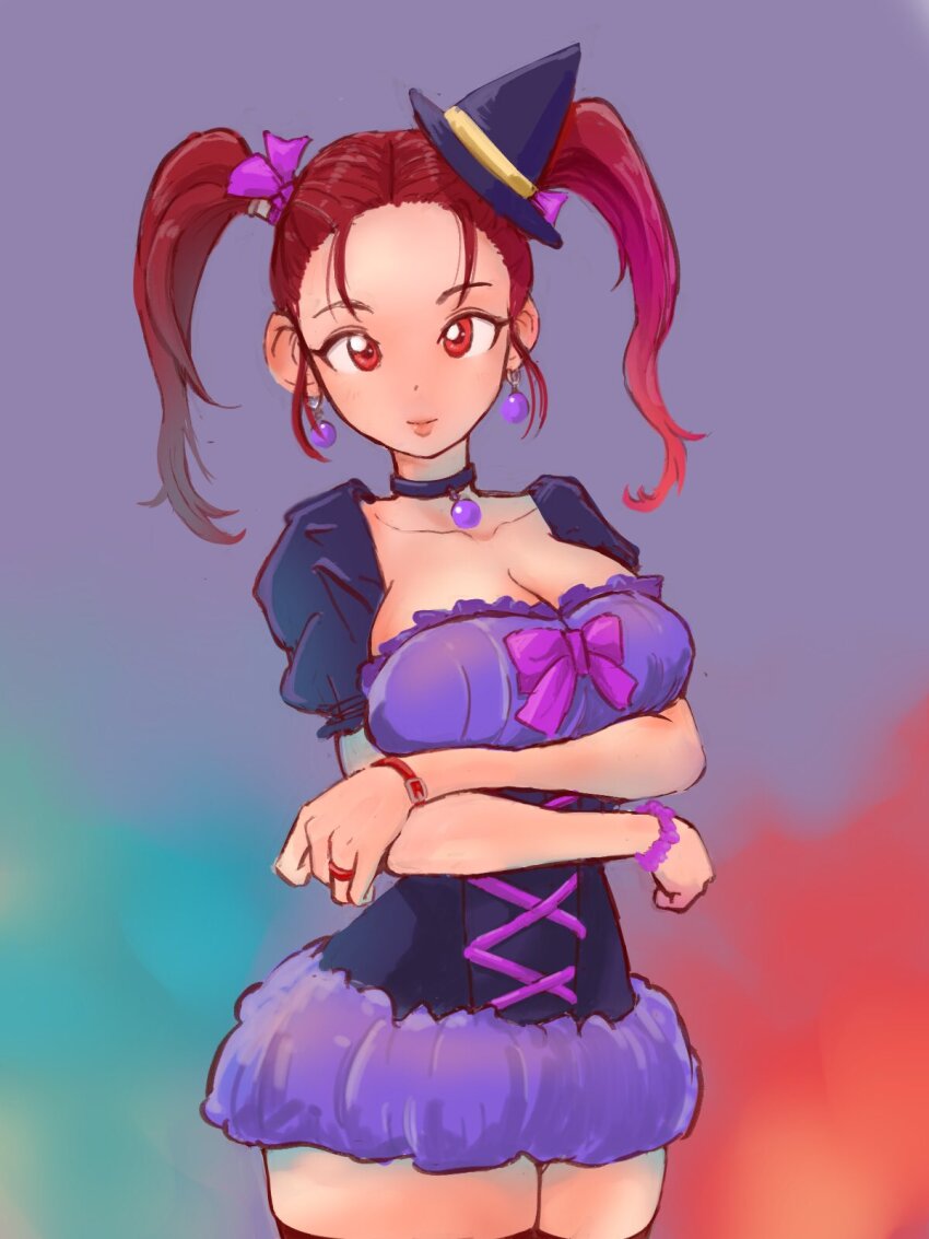1girl black_choker breasts brown_eyes brown_hair choker cleavage closed_mouth collarbone dragon_quest dragon_quest_viii dress earrings halloween hat highres jessica_albert jewelry kajino_(aosansai) lips long_hair looking_at_viewer ring solo thighhighs twintails witch_hat