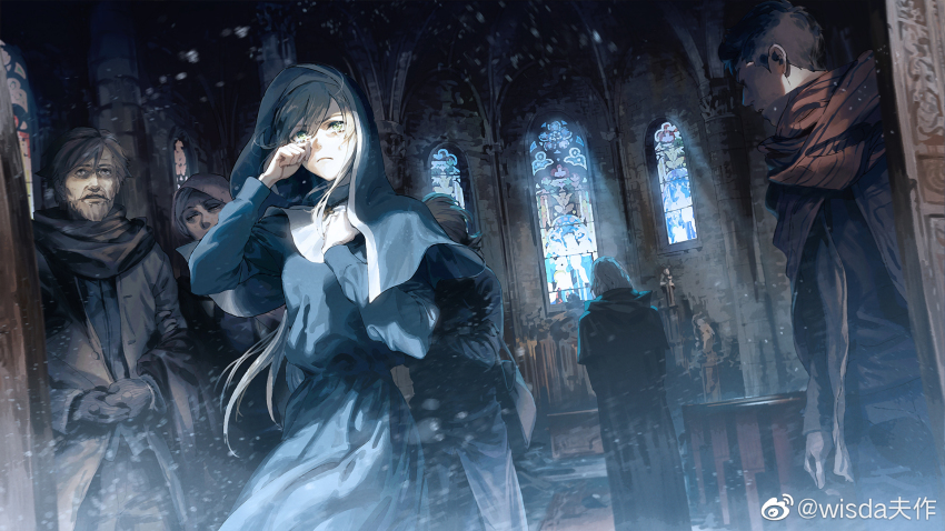 3boys 3girls bag bead_necklace beads bianca_(npc)_(pgr) bianca_(pgr) black_robe blonde_hair brown_coat brown_scarf chinese_commentary church cloak coat commentary cross cross_necklace crying green_eyes habit hair_between_eyes hand_on_own_chest handbag hands_up highres hood hooded_cloak hooded_robe instrument jewelry long_hair multiple_boys multiple_girls necklace nun official_art official_wallpaper organ_(instrument) people pew pillar priest punishing:_gray_raven robe scarf snowing solo_focus stained_glass statue streaming_tears tears traditional_nun veil watermark weibo_watermark wiping_tears wisda