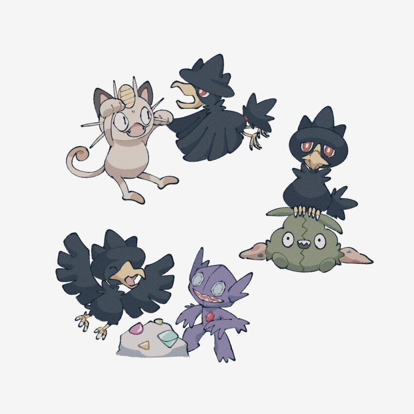 beak bird black_eyes closed_eyes fangs gen_1_pokemon gen_2_pokemon gen_3_pokemon gen_5_pokemon highres looking_at_viewer meowth murkrow nintendo no_humans open_mouth pokemon pokemon_(creature) pokemon_focus red_eyes rock sableye simple_background smprfms talons teeth trubbish whiskers white_background yellow_tail