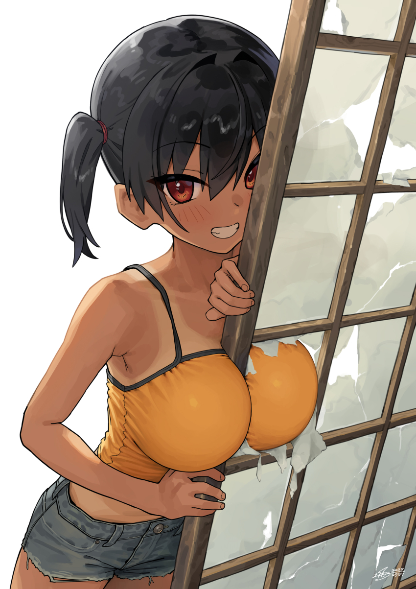 1girl black_hair blush breasts camisole clenched_teeth gaki_kyonyuu grey_shorts grin hair_between_eyes highres kaedeko_(kaedelic) large_breasts looking_at_viewer midriff oppai_loli orange_camisole red_eyes sasaki_kanna shorts shouji sliding_doors smile solo tan tanline teeth twintails