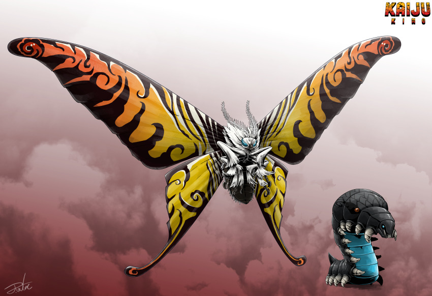 absurdres antennae blue_eyes bug caterpillar commentary dual_persona english_commentary english_text evolutionary_line flying godzilla:_king_of_the_monsters godzilla_(series) gradient_background gugenheim98 highres insect kaiju oversized_wings legendary_pictures monster monster_focus monsterverse moth mothra no_humans signature toho white_fur wings