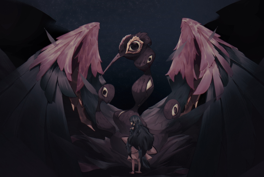 1girl absurdres bird bird_girl black_eyes black_hair chinese_commentary commentary_request dress extra_eyes feathered_wings feathers full_body guang_an highres kotori_(yomawari) long_hair looking_at_viewer looking_back monster night night_sky omoide_no_naka_no_shoujo sandals sky very_long_hair white_dress wings yomawari_(series) yomawari_san