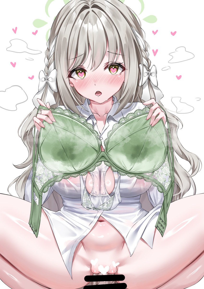 1boy 1girl absurdres blue_archive blush bra breasts censored green_bra green_eyes halo heart heart-shaped_pupils hetero highres holding holding_bra holding_underwear holding_unworn_clothes long_hair looking_at_viewer miyo_(blue_archive) penis pov presenting_bra sex shirt sweat symbol-shaped_pupils underwear vaginal wfa5051 white_shirt