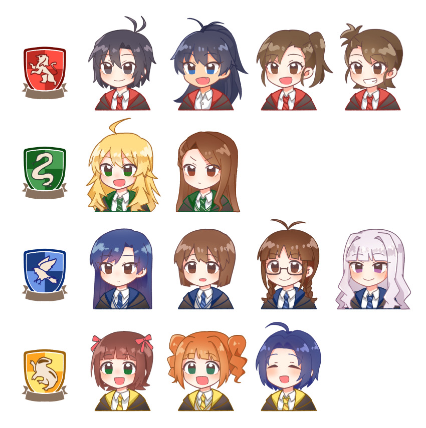 6+girls absurdres ahoge akizuki_ritsuko amami_haruka antenna_hair black_eyes black_hair black_robe blonde_hair blue_eyes blue_hair blue_necktie braid brown_eyes brown_hair chiwawa174 closed_eyes closed_mouth collared_shirt curtained_hair diagonal-striped_clothes diagonal-striped_necktie fang futami_ami futami_mami ganaha_hibiki glasses green_eyes green_necktie grey_hair grin gryffindor hagiwara_yukiho hair_intakes hair_ribbon harry_potter_(series) highres hogwarts_school_uniform hoshii_miki hufflepuff idolmaster idolmaster_(classic) kikuchi_makoto kisaragi_chihaya long_hair minase_iori miura_azusa multiple_girls necktie no_hairband open_mouth orange_hair ponytail purple_eyes ravenclaw red_necktie red_ribbon revision ribbon robe school_uniform semi-rimless_eyewear shijou_takane shirt short_hair side_ponytail simple_background slytherin smile striped_clothes takatsuki_yayoi twin_braids twintails under-rim_eyewear white_background wizarding_world yellow_necktie