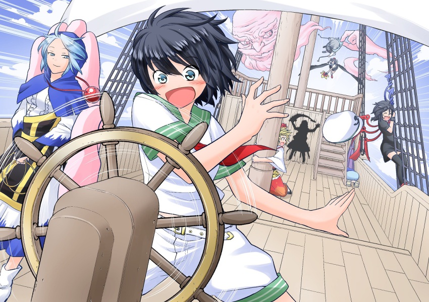 1boy 6+girls animal_ears animal_print asymmetrical_wings belt black_dress black_hair black_legwear black_wings blonde_hair blue_hair blue_sky blush bridal_gauntlets closed_eyes cloud cowering crazy crazy_smile dowsing_rod dress facial_hair fuuzasa geta grey_eyes grey_hair hand_fan hat hiding hijiri_byakuren hole hood hoop houjuu_nue karakasa_obake kesa kneeling kumoi_ichirin motion_lines mouse_ears multicolored_hair multiple_girls murasa_minamitsu mustache nazrin open_mouth sail sailor sailor_collar sailor_hat scroll shameimaru_aya ship shirt short_sleeves shorts sky smile speed_lines spinning steering_wheel tatara_kogasa thighhighs tiger_print tokin_hat toramaru_shou touhou two-tone_hair umbrella unworn_hat unworn_headwear unzan unzipped watercraft wind wings