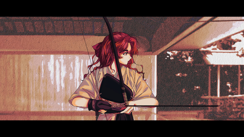 1girl archery archery_dojo arrow_(projectile) bow_(weapon) brown_kimono closed_mouth commentary_request expressionless from_side gloves hair_ribbon highres holding holding_arrow holding_bow_(weapon) holding_weapon huangmen33ji japanese_clothes kimono kyuudou letterboxed long_hair looking_to_the_side mani_mani_(vocaloid) muneate parody partially_fingerless_gloves partly_fingerless_gloves photo_background profile red_eyes red_hair red_ribbon ribbon sayonara_wo_oshiete short_sleeves solo tasuki ueno_koyori upper_body weapon yugake yumi_(bow)