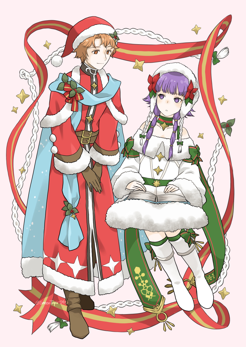 1boy 1girl absurdres artist_name artur_(fire_emblem) artur_(fire_emblem)_(silver_saint) bare_shoulders belt book boots brown_footwear brown_gloves coat fire_emblem fire_emblem:_the_sacred_stones fire_emblem_heroes flower gloves hair_flower hair_ornament hat highres invisible_chair kneehighs lute_(fire_emblem) lute_(winter)_(fire_emblem) midori_no_baku mistletoe nintendo official_alternate_costume open_book orange_hair poinsettia purple_eyes purple_hair red_eyes red_ribbon ribbon rope santa_hat sitting socks white_coat white_footwear