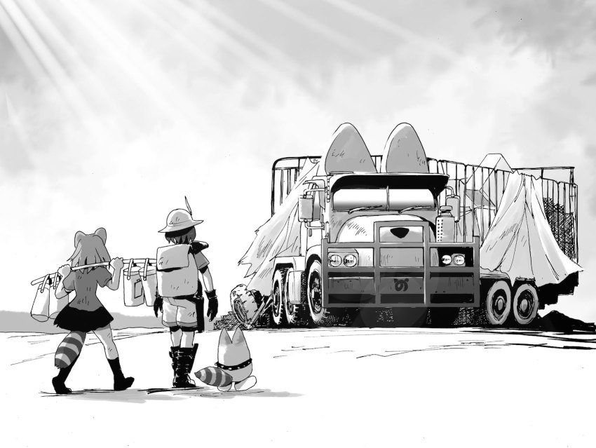 2girls animal_ears box_truck calligraphy_brush_(medium) common_raccoon_(kemono_friends) female_focus gloves greyscale hat helmet highres japari_bus kaban_(kemono_friends) kemono_friends lucky_beast_(kemono_friends) mad_max mad_max_2:_the_road_warrior matsuda_juukou millipen_(medium) monochrome motor_vehicle multicolored_hair multiple_girls outdoors pen_(medium) pith_helmet post-apocalypse raccoon_ears raccoon_tail semi_truck shirt short_hair short_sleeves skirt sky standing tail traditional_media truck