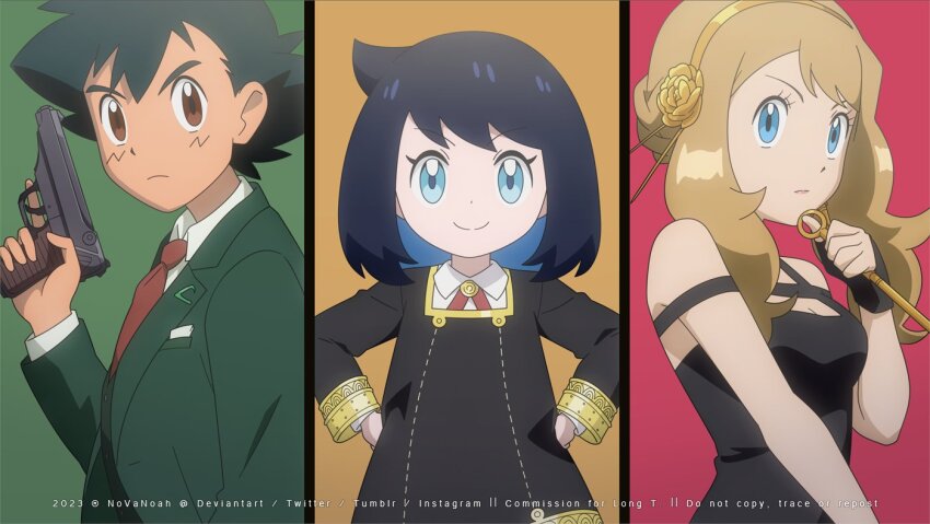 1boy 2girls anya_(spy_x_family) anya_(spy_x_family)_(cosplay) ash_ketchum black_hair blonde_hair blue_eyes brown_eyes closed_mouth collared_shirt commission cosplay cowlick dress eyelashes green_jacket gun hand_up handgun hands_on_own_hips holding holding_gun holding_weapon jacket liko_(pokemon) long_sleeves looking_at_viewer mixed-language_commentary multiple_girls neck_ribbon necktie nintendo novanoah pokemon pokemon_(anime) pokemon_horizons pokemon_xy_(anime) red_necktie red_ribbon ribbon school_uniform serena_(pokemon) shirt short_hair sidelocks spy_x_family twilight_(spy_x_family) twilight_(spy_x_family)_(cosplay) weapon white_shirt yor_briar yor_briar_(cosplay)
