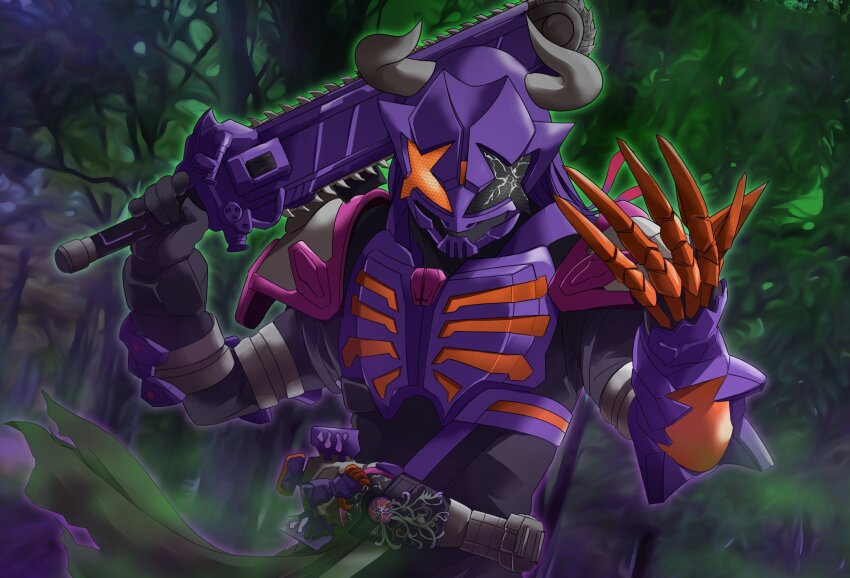 +_+ 1boy black_bodysuit black_gloves blood blood_splatter blurry blurry_background bodysuit boots buffalo bull chainsaw claw_(weapon) cowboy_shot crack desire_driver gloves glowing highres horns jamato_buckle kamen_rider kamen_rider_buffa kamen_rider_geats_(series) long_hair looking_at_viewer male_focus miyabi_(037) over_shoulder plant purple_hair raise_buckle scarf shoulder_spikes spikes splatter splatter_background sword vines weapon weapon_over_shoulder zombie_breaker zombie_buckle