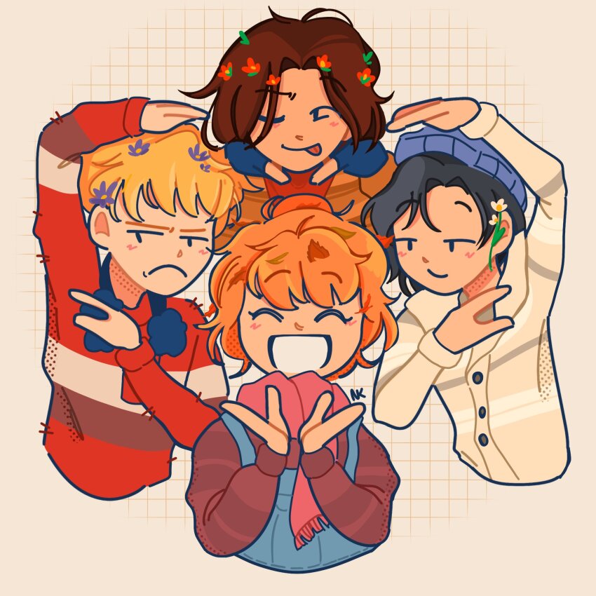 2boys 2girls ;p baxter_ward beanie black_hair blonde_hair blue_overalls brown_hair closed_eyes earmuffs earmuffs_around_neck flower fringe_trim frown grid_background grin hair_flower hair_ornament hands_on_own_chin hat heart heart_arms_quartet highres multiple_boys multiple_girls nobi33ka one_eye_closed orange_hair orange_sweater our_life our_life:_now_and_forever overalls qiu_lin_(our_life) red_scarf red_sweater scarf shirt smile sweater tamarack_baumann tongue tongue_out white_shirt