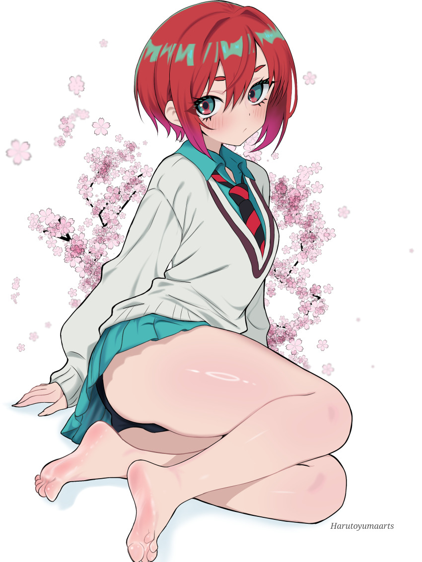 1girl absurdres amate_yuzuriha artist_name ass bare_legs barefoot black_necktie black_panties blue_eyes blue_shirt blue_skirt commentary feet gundam gundam_gquuuuuux harutoyumaarts highres legs necktie panties red_hair red_necktie shirt short_hair skirt soles solo striped_necktie sweater toes two-tone_necktie underwear white_sweater