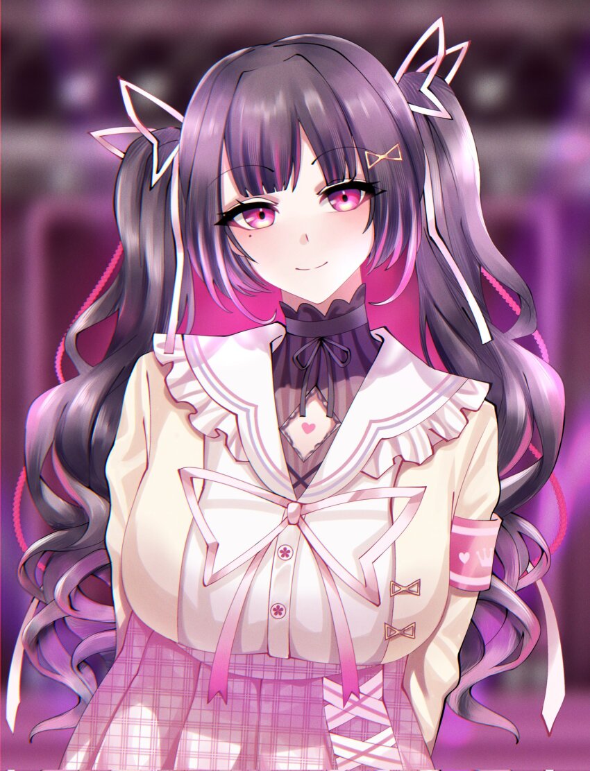 1girl armband black_hair blurry blurry_background buttons cardigan closed_mouth corrupted_twitter_file hair_ornament hair_ribbon heart heart-shaped_birthmark highres himemiya_rie himemiya_rie_(1st_costume) long_hair mole mole_under_eye muhammaddeny multicolored_hair phase_connect pink_armband pink_eyes pink_hair pink_skirt plaid_clothes plaid_skirt ribbon sailor_collar second-party_source shirt skirt smile solo streaked_hair twintails virtual_youtuber white_ribbon white_sailor_collar white_shirt yellow_cardigan