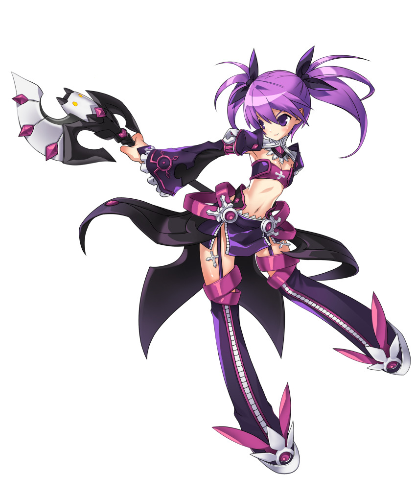 1girl aisha_landar arm_belt armored_shoes axe battle_axe belt black_bow black_shrug black_skirt black_thighhighs bow bra breasts cleavage closed_mouth collared_shrug cross determined dot_nose elsword fighting_stance floating_clothes floating_hair footwear_bow frilled_sleeves frills full_body game_cg hair_between_eyes hair_bow high_collar highres holding holding_axe holding_behind_back holding_weapon_behind_back juliet_sleeves layered_skirt leg_up light_blush long_hair long_skirt long_sleeves looking_to_the_side microskirt multiple_belts navel official_art pink_belt pink_bow pink_bra puffy_sleeves purple_eyes purple_hair purple_skirt ress ribbed_thighhighs ribs second-party_source shoes showgirl_skirt shrug_(clothing) side_slit skinny skirt sleeves_past_wrists small_breasts smile solo standing stomach strapless strapless_bra swept_bangs tachi-e thigh_belt thigh_strap thighhighs torn_clothes torn_skirt transparent_background tsurime twintails underwear v-shaped_eyebrows void_princess_(elsword) weapon white_shoes wide_sleeves zipper