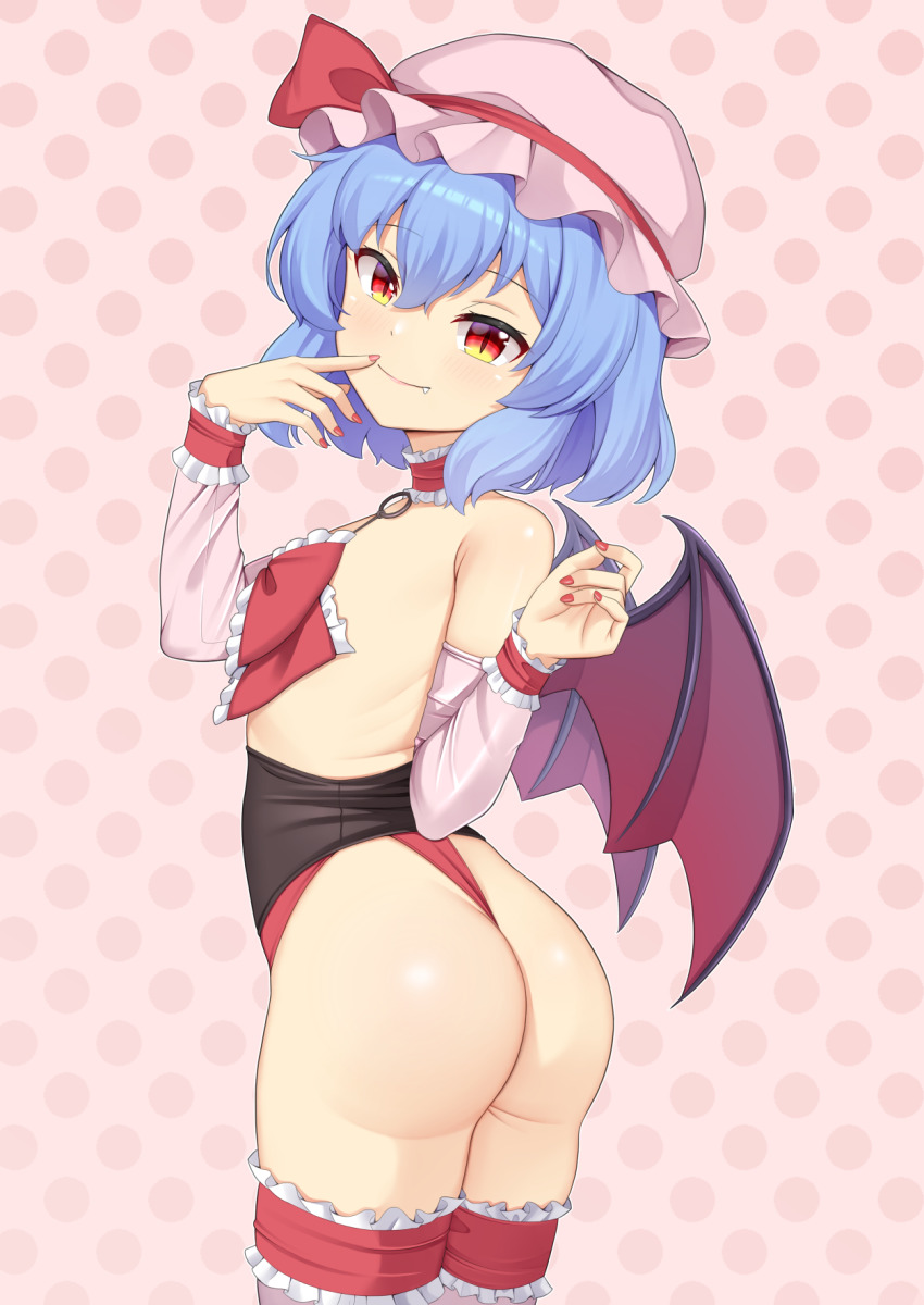 1girl akasaka_sato ass bat_wings blue_hair bow choker closed_mouth commentary_request detached_sleeves fang finger_to_mouth flat_chest frilled_bow frilled_choker frilled_thigh_strap frilled_wrist_cuffs frills from_behind hat hat_ribbon highres loli looking_at_viewer medium_hair mob_cap multiple_girls nail_polish paid_reward_available pink_hat pink_thighhighs polka_dot polka_dot_background red_bow red_choker red_eyes red_nails red_ribbon red_wrist_cuffs remilia_scarlet ribbon slit_pupils smile solo thigh_strap thighhighs touhou touhou_tag_dream twisted_torso wings wrist_cuffs