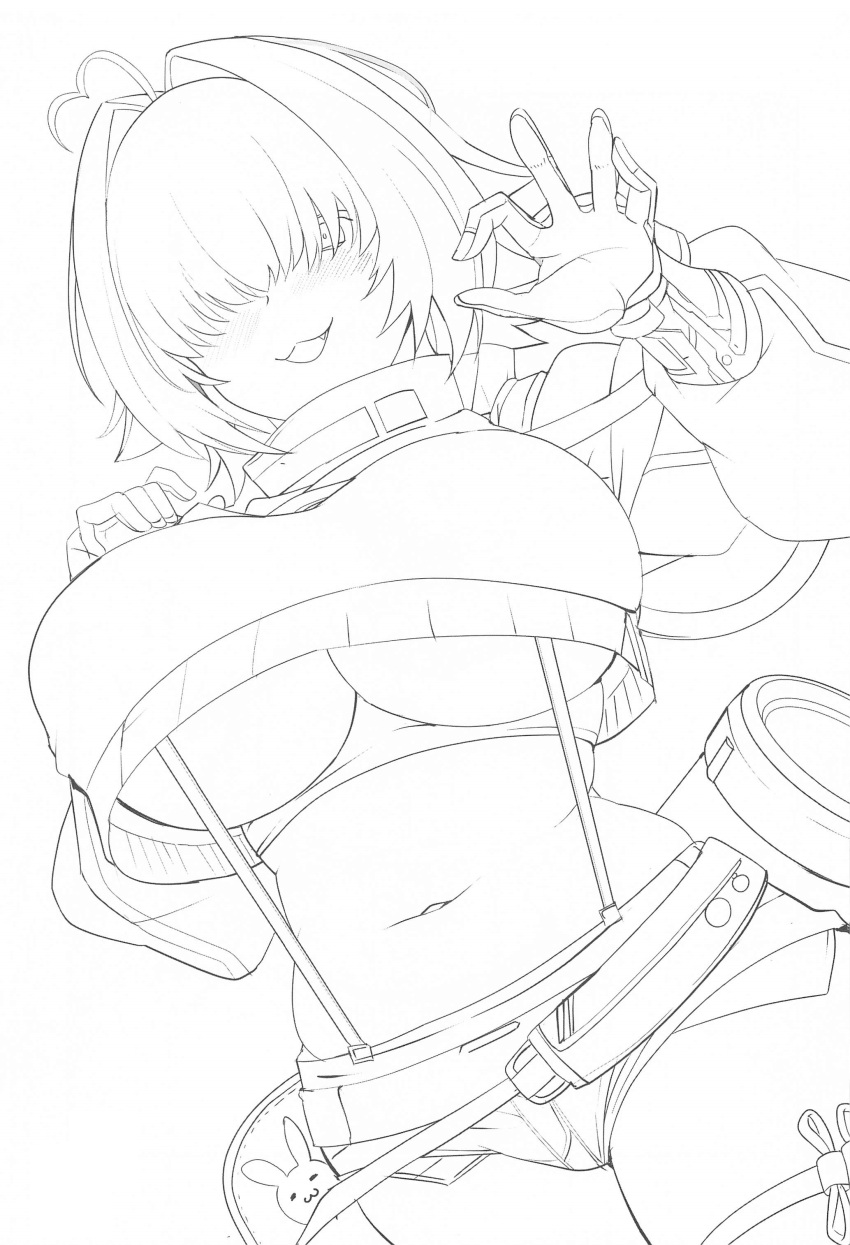 1girl :3 absurdres aoi_manabu blush breasts curvy elegg_(nikke) goddess_of_victory:_nikke hair_over_eyes heart highres looking_at_viewer micro_shorts monochrome navel ok_sign open_mouth salute short_hair shorts solo standing stomach suspenders thick_thighs thighs underboob wide_hips
