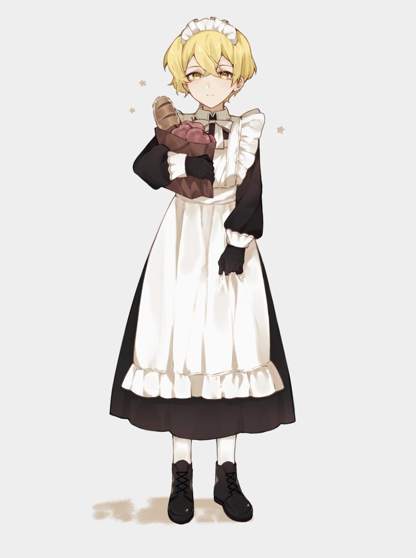 1boy absurdres alternate_costume apple apron bag baguette black_dress black_shoes blonde_hair bread collared_dress crossdressing dress enmaided food fruit full_body gloves grey_background highres holding holding_bag limbus_company long_sleeves looking_at_viewer maid maid_apron male_focus male_maid pantyhose paper_bag project_moon shoes short_hair simple_background sinclair_(project_moon) solo standing white_apron white_gloves white_pantyhose widosya yellow_eyes