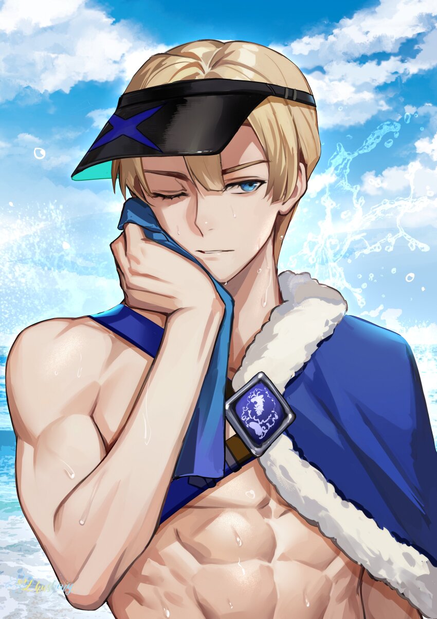 1boy abs absurdres black_hat blonde_hair blue_cape blue_eyes cape closed_mouth cloud cloudy_sky commentary dimitri_alexandre_blaiddyd dimitri_alexandre_blaiddyd_(summer) fire_emblem fire_emblem:_three_houses fire_emblem_heroes fur-trimmed_cape fur_trim hair_between_eyes hat highres hot looking_to_the_side male_focus nintendo official_alternate_costume one_eye_closed scar scar_on_shoulder side_cape sideways_glance sky solo sweat tzzis upper_body very_sweaty visor_cap water water_drop white_fur wiping_face
