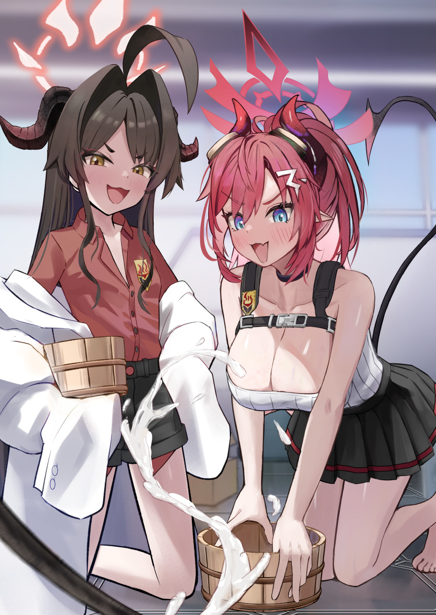 2girls :3 :d absurdres ahoge bare_shoulders black_choker black_hair black_horns black_shorts black_skirt black_tail blue_archive blue_eyes blurry blurry_background blush breasts brown_hair bucket choker cleavage collarbone collared_shirt commentary_request completely_nude cum demon_girl demon_horns demon_tail ejaculation fang groin hair_between_eyes hair_intakes hair_ornament hairclip halo hands_on_own_hips highres horns huge_ahoge indoors kasumi_(blue_archive) kneeling large_breasts long_hair looking_at_viewer megu_(blue_archive) miniskirt multiple_girls navel nipples nude onafuku open_mouth paid_reward_available pleated_skirt pointy_ears ponytail pov red_hair red_halo red_horns red_shirt shirt shorts sidelocks skin_fang skirt small_breasts smile suggestive_fluid tail tail_raised thick_eyebrows tile_floor tiles v-shaped_eyebrows yellow_eyes