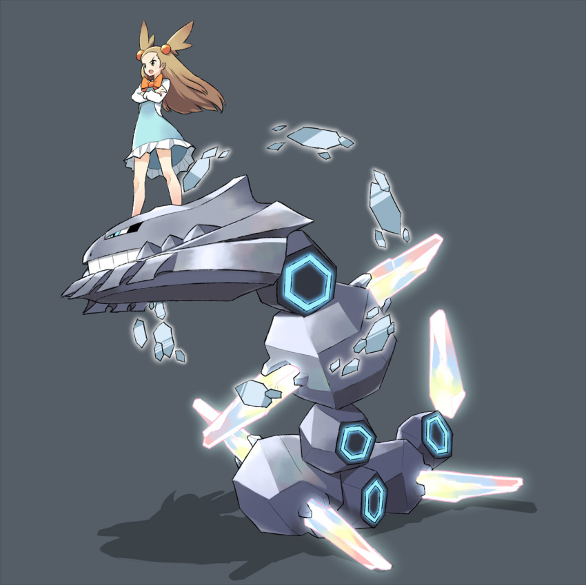 00s 10s 1girl brown_hair crossed_arms dress gen_2_pokemon gym_leader hanamakisan highres jasmine_(pokemon) mega_pokemon mega_steelix nintendo pokemon pokemon_(creature) pokemon_hgss pokemon_oras steelix tm_(hanamakisan) two_side_up