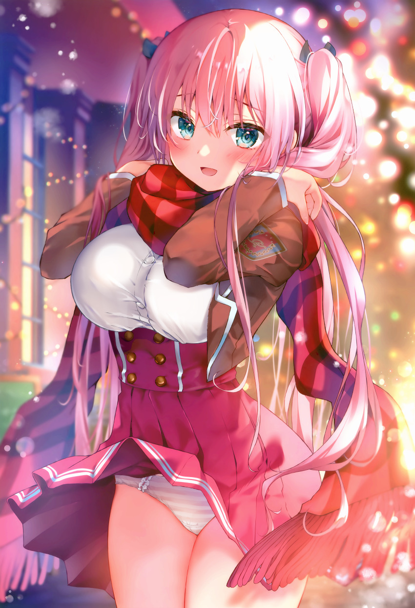 1girl absurdres adjusting_scarf aqua_eyes blurry blush bow breasts buttons christmas clothes_lift clothes_pull frills hair_between_eyes hair_bow hair_ornament highres jacket kino_(kino_konomi) kino_(kinokonomi) large_breasts long_hair looking_at_viewer melonbooks open_clothes open_jacket original outdoors pink_hair pleated_skirt red_scarf red_shirt red_skirt scarf school_uniform shirt sidelocks skirt skirt_lift skirt_pull solo standing striped_clothes striped_neckwear striped_scarf third-party_edit twintails very_long_hair wind wind_lift