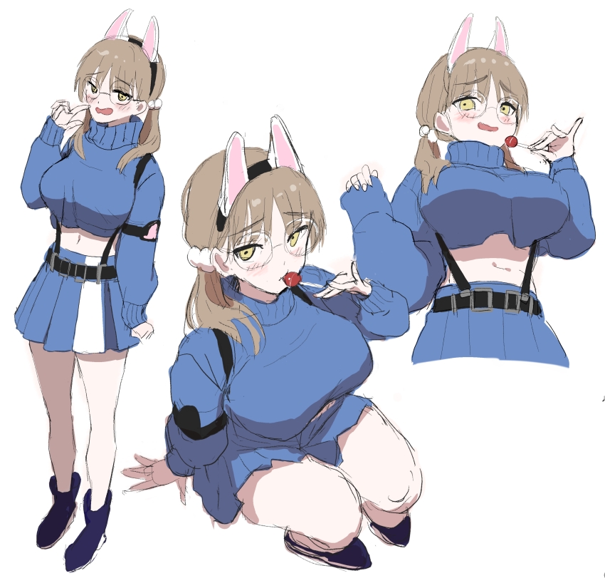 1girl absurdres animal_ear_hairband animal_ears black_hairband blue_archive blue_boots blue_skirt blue_sweater blush boots breasts brown_hair candy cropped_sweater cropped_torso fake_animal_ears food full_body glasses hair_ornament hairband hand_up highres holding holding_candy holding_food holding_hands holding_lollipop large_breasts lollipop long_hair long_sleeves looking_at_viewer low_twintails midriff miniskirt moe_(blue_archive) multiple_views navel open_mouth pleated_skirt rabbit_ears round_eyewear ruinda sitting sketch skirt sweater twintails yellow_eyes