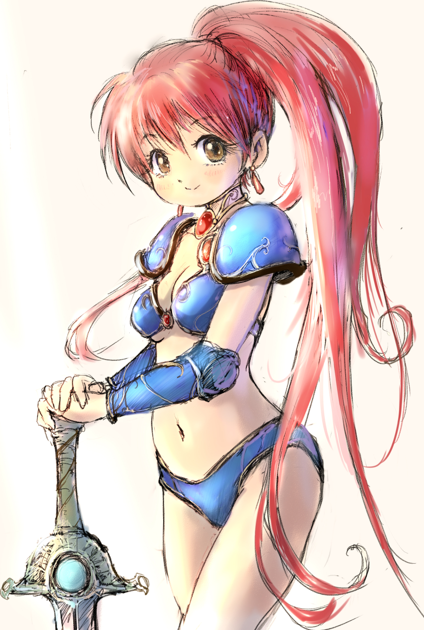 1girl absurdres armor asagiri_youko bikini bikini_armor blue_bikini breasts brown_eyes brown_hair choker cleavage commentary_request earrings gem genmu_senki_leda guma highres jewelry long_hair looking_at_viewer navel pauldrons shoulder_armor smile solo swimsuit sword thighs very_long_hair weapon