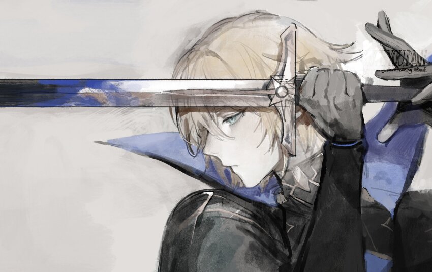 1boy black_gloves blonde_hair blue_eyes cape closed_mouth collared_coat dainsleif_(genshin_impact) from_side genshin_impact gloves hair_between_eyes hat highres holding holding_weapon kaimochi0839 long_sleeves male_focus puffy_long_sleeves puffy_sleeves short_hair simple_background solo sword upper_body weapon white_background