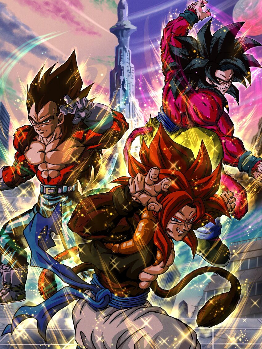 abs absurdres aura black_hair body_fur dragon_ball dragon_ball_gt dragon_ball_z_dokkan_battle fighting_stance gloves gogeta highres hiro_(udkod1ezlyi2flo) looking_at_viewer male_focus metamoran_vest monkey_boy monkey_tail multiple_boys muscular muscular_male pants pectorals red_fur saiyan smile son_goku spiked_hair super_saiyan super_saiyan_4 tail vegeta yellow_aura
