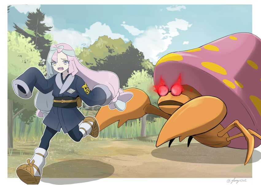 absurdres alpha_pokemon alternate_costume game_freak gen_1_pokemon glassy0302 highres iono_(pokemon) nintendo parasect pokemon pokemon_legends:_arceus pokemon_sv running scared