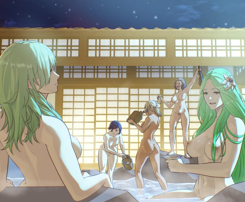 5girls alcohol armpits ass back blonde_hair blue_hair bottle breasts brown_hair bucket catherine_(fire_emblem) choko_(cup) commentary completely_nude cup dark-skinned_female dark_skin drunk english_commentary female_byleth_(fire_emblem) female_pubic_hair fire_emblem fire_emblem:_three_houses flower from_behind gluteal_fold green_eyes green_hair hair_flower hair_ornament highres holding holding_bottle large_breasts long_hair manuela_casagranda medium_breasts multiple_girls navel night night_sky nintendo nipples nude onsen outdoors pomelomelon ponytail pubic_hair purple_eyes rhea_(fire_emblem) same-sex_bathing shamir_nevrand shared_bathing short_hair sky star_(sky) starry_sky very_long_hair wading wooden_bucket