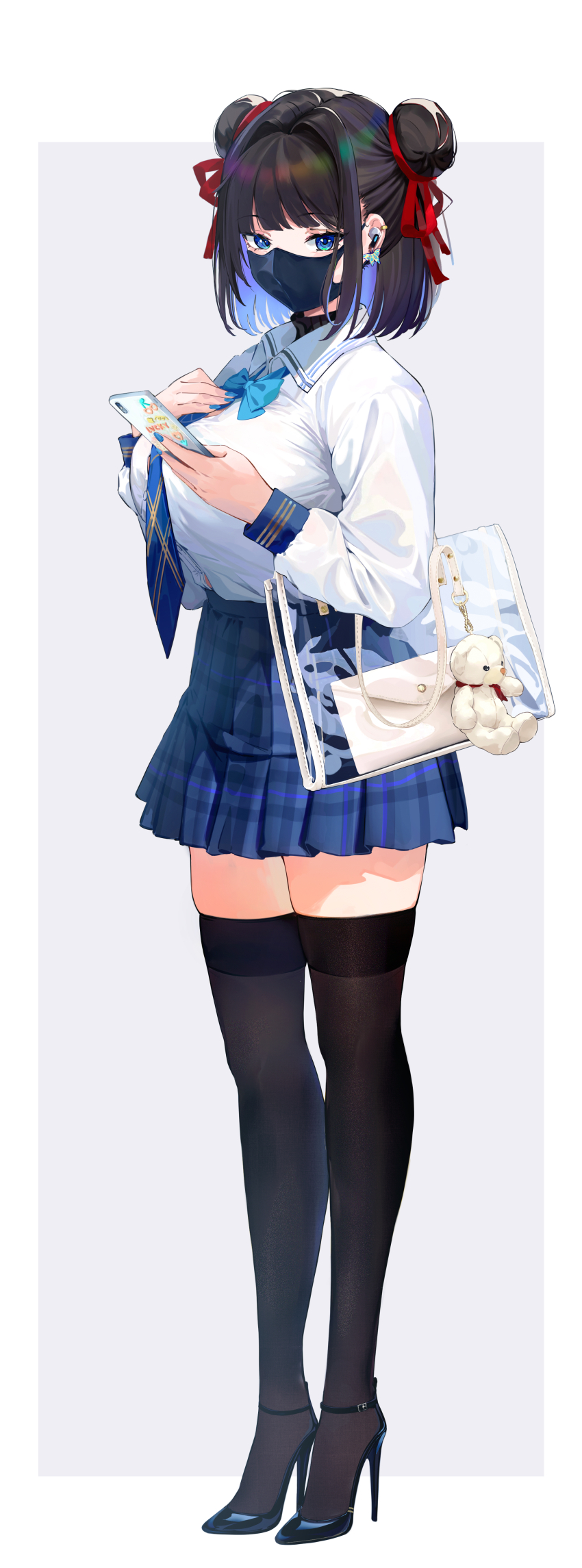 1girl absurdres artist_request black_footwear black_hair blue_bow blue_eyes blue_nail_polish blue_nails blue_necktie blue_skirt bow breasts butterfly_earrings cellphone earbuds earphones earrings female_focus fingernails full_body hair_bun hair_buns hair_ribbon hand_on_own_chest high_heels highres holding holding_phone jewelry large_breasts long_sleeves looking_at_viewer looking_to_the_side mask multicolored_necktie nail_polish necktie original phone pleated_skirt red_ribbon ribbon simple_background skindentation skirt smartphone solo standing sticker stuffed_animal stuffed_toy teddy_bear thick_thighs thighhighs thighs transparent_bag white_background zettai_ryouiki