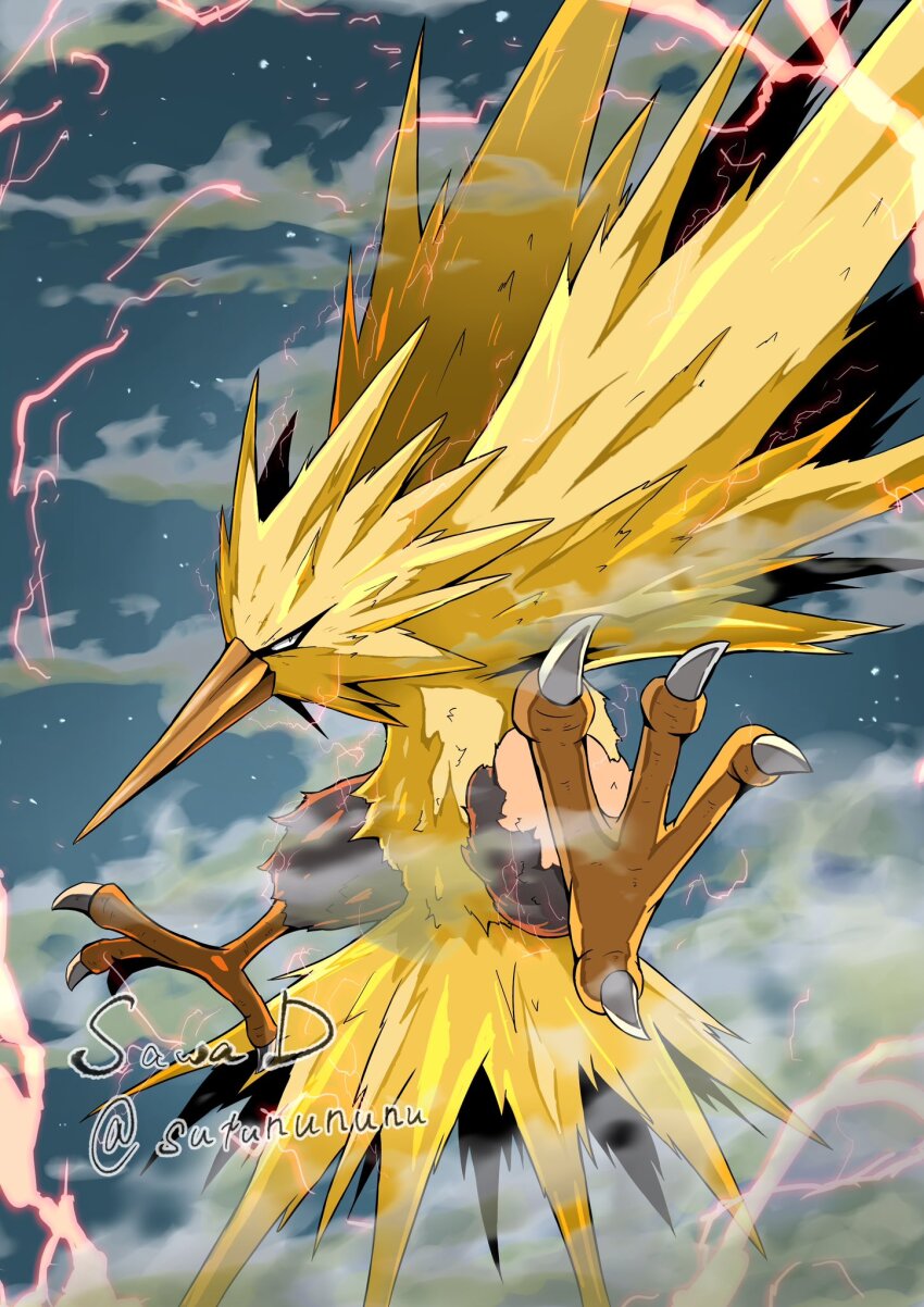 beak bird electricity feathers full_body gen_1_pokemon highres legendary_pokemon midair nintendo no_humans pokemon pokemon_(creature) sawa_d solo talon yellow_feathers zapdos