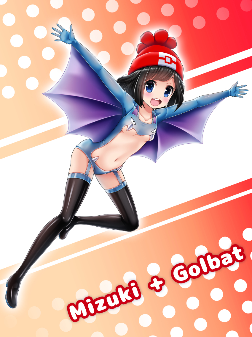 1girl absurdres arms_up beanie black_boots black_hair blue_eyes bluebird_(bluebird90) blush boots breasts character_name child collarbone cosplay english_text female_focus full_body golbat_(cosplay) happy hat highres legs_apart looking_at_viewer navel nintendo open_mouth outstretched_arms pokemon pokemon_rgby pokemon_sm red_background red_hat selene_(pokemon) short_hair simple_background small_breasts smile solo teeth text_focus thigh_boots thighhighs underboob wings