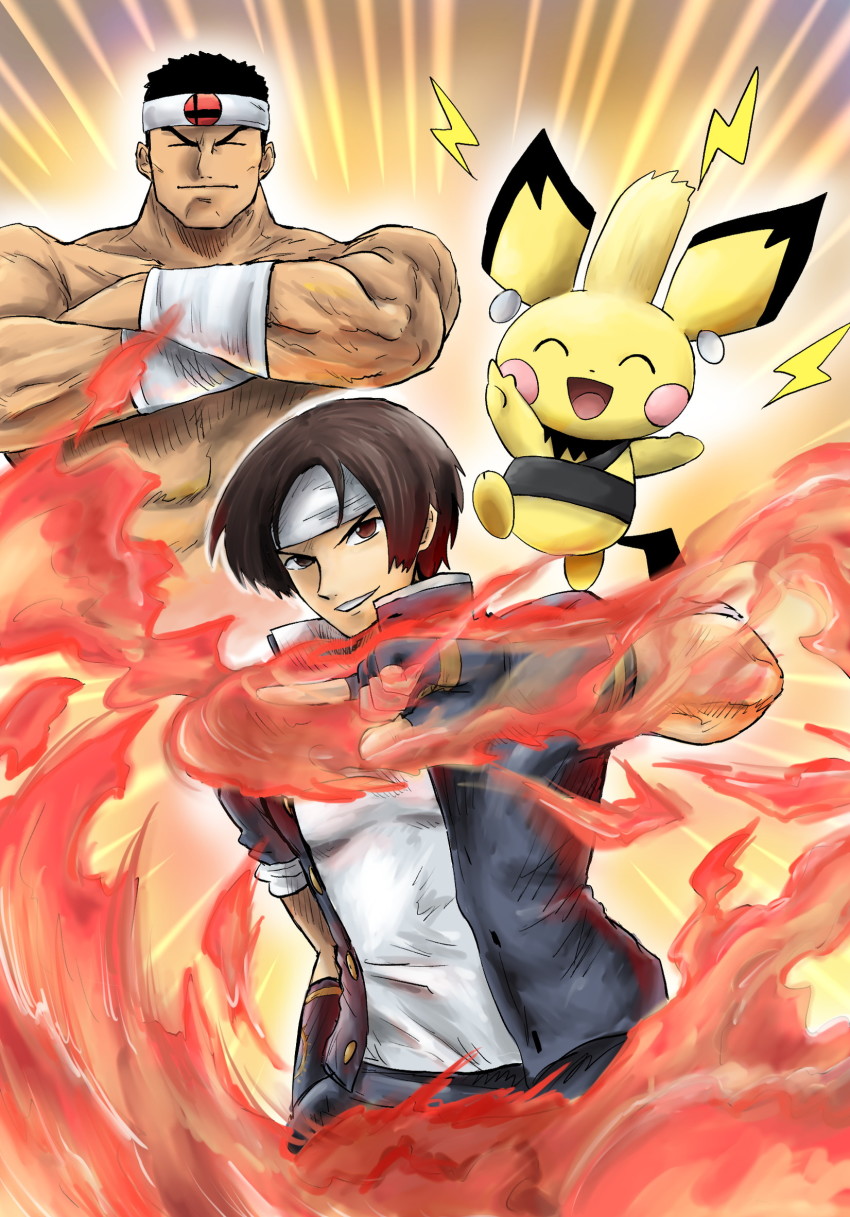 2boys armband brown_hair cosplay crossed_arms crossover daimon_gorou fingerless_gloves fire gen_2_pokemon gloves hachimaki headband highres kicdon kusanagi_kyou multiple_boys nikaidou_benimaru nikaidou_benimaru_(cosplay) nintendo pichu pokemon school_uniform snk super_smash_bros. the_king_of_fighters