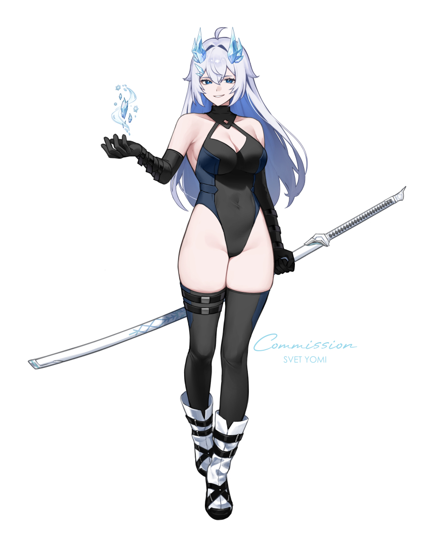1girl absurdres ahoge black_gloves black_leotard black_thighhighs blue_eyes boots borrowed_character breasts cleavage commentary covered_navel elbow_gloves english_commentary full_body gloves grin highres holding holding_behind_back holding_sword holding_sword_behind_back holding_weapon holding_weapon_behind_back ice_horns knee_boots leotard multiple_thigh_straps original simple_background smile svet_yomi sword thighhighs weapon white_background white_footwear white_hair