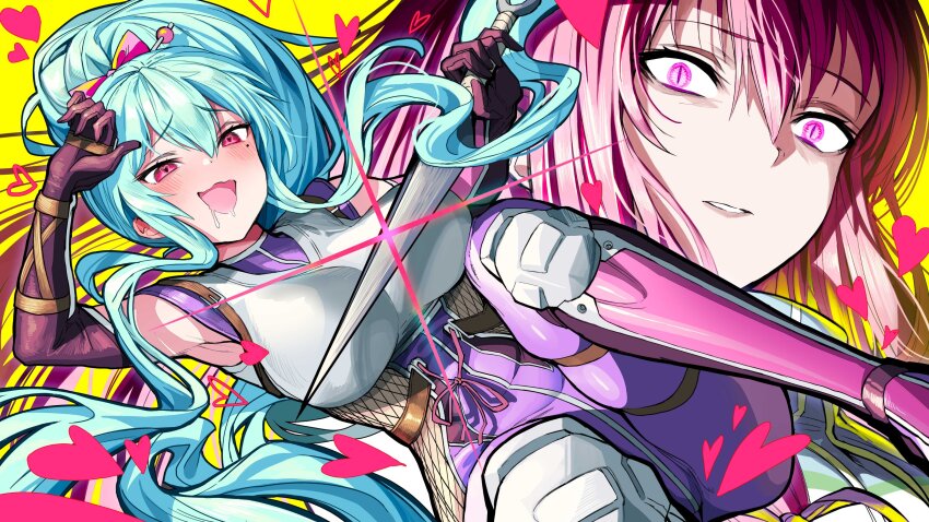 2girls :d absurdres armpits black_gloves blush bodysuit bow breasts elbow_gloves end_card fishnets floating_hair gibagiba gloves green_hair hair_between_eyes hair_bow heart heart-shaped_pupils high_ponytail highres holding_kunai holding_weapon ideura_shizuri_(neet_kunoichi) kunai large_breasts long_hair mole mole_under_eye momochi_ayame_(neet_kunoichi) multiple_girls neet_de_otaku_na_kunoichi_to_naze_ka_dousei_hajimemashita ninja official_art open_mouth parted_lips pink_bow pink_eyes pink_hair ponytail purple_bodysuit red_eyes saliva shin_guards slit_pupils smile symbol-shaped_pupils very_long_hair weapon yellow_background