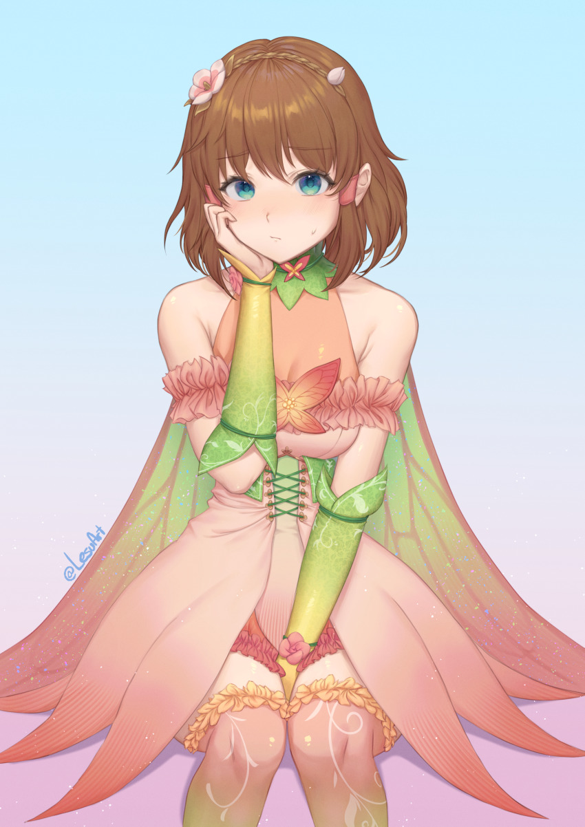 1girl absurdres alternate_costume artist_name bare_shoulders blue_eyes blush bodysuit brown_hair bug butterfly closed_mouth commission dress fairy fairy_wings fire_emblem fire_emblem:_path_of_radiance fire_emblem:_radiant_dawn fire_emblem_heroes flower frills gradient_clothes gradient_dress gradient_legwear hair_flower hair_ornament hair_tubes highres insect lesu looking_at_viewer mist_(fire_emblem) nintendo orange_bodysuit pink_dress sitting solo sweatdrop thighhighs wings zettai_ryouiki