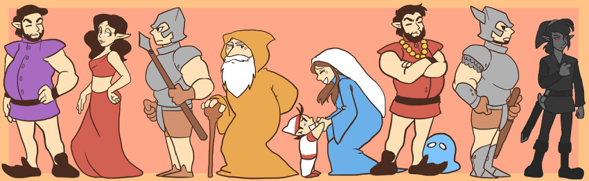 2girls 6+boys beard bot_(zelda) brown_hair child child_(zeldaii) clone creature dress elf error_(legend_of_zelda) facial_hair full_body hand_on_own_hip hat healer helmet knight long_hair midriff multiple_boys multiple_girls nintendo old old_man pointy_ears red_dress red_eyes shadow_link sword the_legend_of_zelda weapon wiseman wizard zelda_ii:_the_adventure_of_link