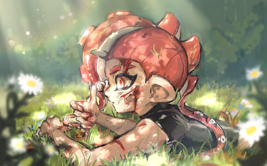 1boy androgynous blood blood_on_face eyebrow_cut flower high-visibility_clothing high-visibility_vest highres injury long_hair mohawk nature nintendo octoling octoling_boy octoling_player_character on_grass red_eyes red_hair sleeveless snail solo splatoon_(series) splatoon_2 splatoon_2:_octo_expansion squidbeak_splatoon suction_cups tentacle_hair uuurung