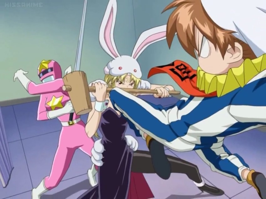 00s 3girls anime_screenshot character_request multiple_girls muteki_kanban_musume onimaru_miki pantyhose tagme