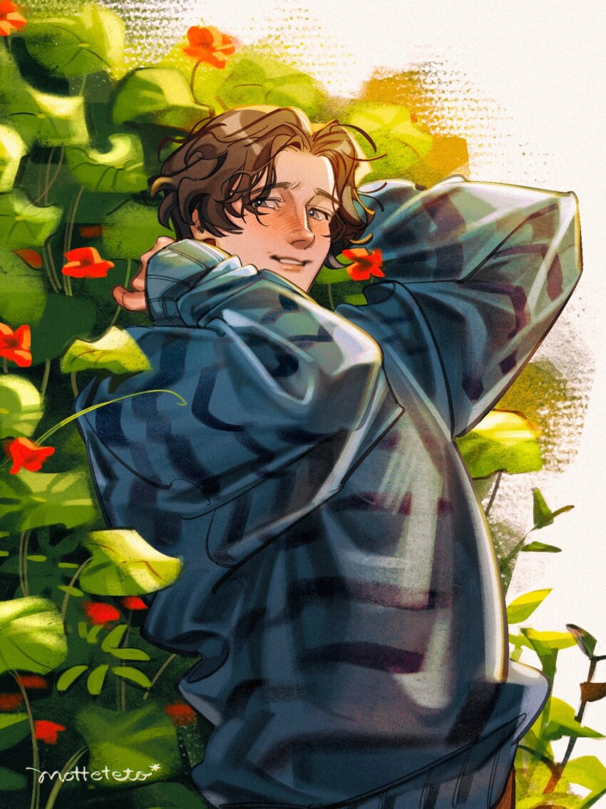 1boy artist_name blue_shirt blush brown_hair commentary english_commentary flower grey_eyes hands_up highres leaf lips long_sleeves looking_at_viewer male_focus marvel marvel_cinematic_universe motteteto puffy_long_sleeves puffy_sleeves red_flower sentry_(marvel) shirt short_hair smile solo standing striped_clothes striped_shirt teeth thunderbolts_(movie) wavy_hair white_background