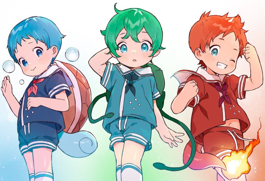 3boys blue_eyes blue_hair bubble bulbasaur charmander child fire gen_1_pokemon green_hair highres humanization kemonomimi_mode kneehighs looking_at_viewer male_focus monster_boy multiple_boys nemui_(nemuriyagi) nintendo plant_boy pokemon red_hair reptile_boy shorts socks squirtle tentacles turtle_boy turtle_shell